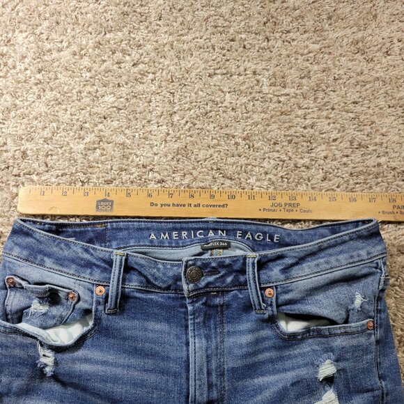 American Eagle Jeans Mens 34x30.5 Tag 34x32 Skinny Dark Wash Distressed - Picture 2 of 8